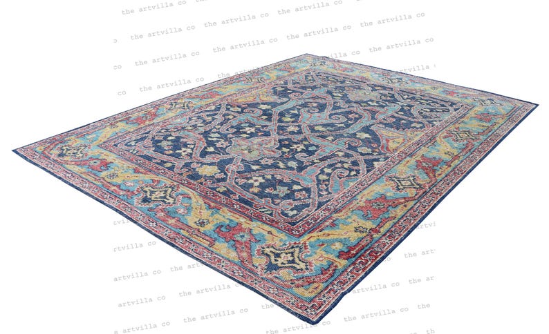 May include: A blue, red, and yellow patterned rug with a floral design. The rug has a traditional Persian style.