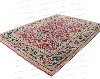 May include: A vintage rug with a red, blue, and cream color scheme. The rug has a floral pattern with intricate details.