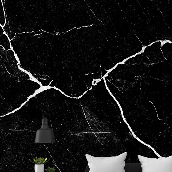 Natürlicher schwarzer Marmor, schwarzer Marmor, schwarzer Marmor mit weißen Adern. 3D-Tapete, Digitaldruck