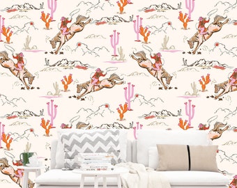 Peel-and-Stick-behang Cowgirl Wild West: kinderkamer rodeocactus