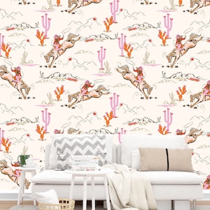 Carta da parati adesiva Cowgirl Vanilla Wild West, Howdy Pink Woodland Rodeo e Cactus, per cameretta dei bambini, stile vintage neutro