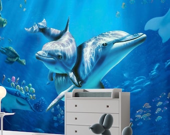 Dolphin Wall Mural: Underwater Coral Reef, Kids Room Peel and Stick Wallpaper