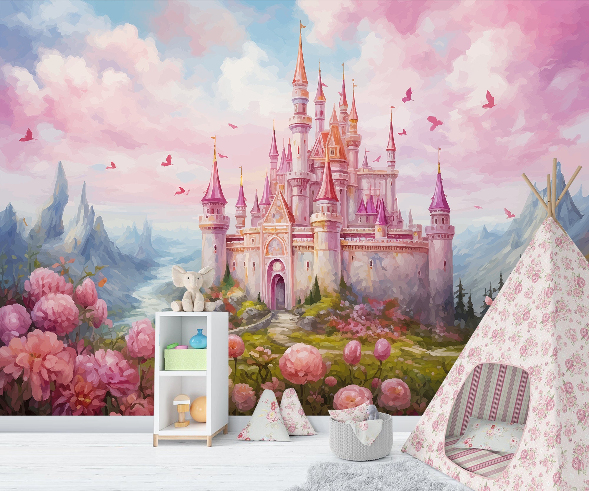 Pink Princess Castle Wallpaper Mural: Kids Room Peel and Stick - Etsy