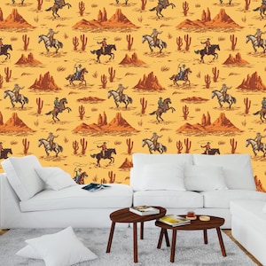 Cowboy Vintage Wallpaper & Western Wall Mural Retro Comics Style Southwestern Wall Art Peel and Stick Decor Home