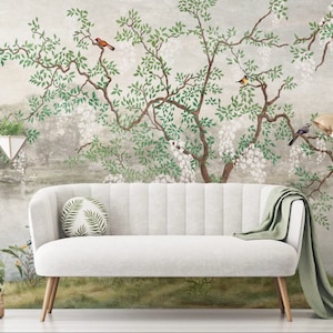 Chinoiserie Wallpaper Peel and Stick, Removable Wallpaper, Boho Floral Wall Mural