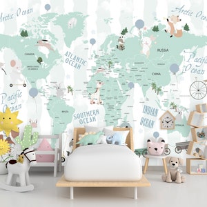 Kids Map Wallpaper Peel and Stick Dekorative Kontinent Weltkarte Kinder Wandbild Tapete