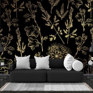 Dark Floral Wallpaper, Gold Leaf Peel and Stick Wallpaper, Leaves Wall Mural, Removable Wallpaper, Home Decor, Printable Wall Art Room Decor