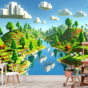 Voxel Landscape Wallpaper: AI Block World Wall Art - Peel & Stick