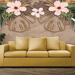 Thèmes floraux : fleurs et feuilles colorées. Sticker mural autocollant design scandinave minimaliste, art mural amovible