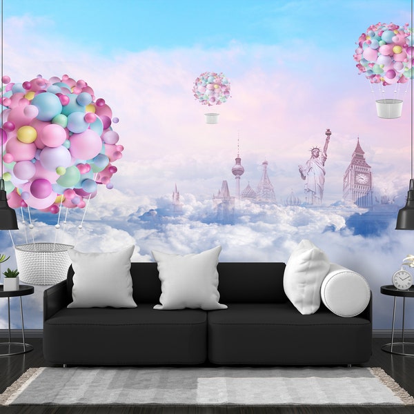 Balloons Over a Fantastic City Kids Wallpaper, Nursery Wallpaper, Balloon Wallpaper, Airplane Wallpaper, Kidsroom Wallpaper