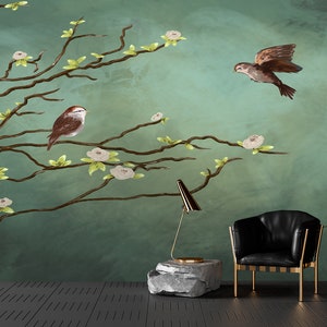 Watercolor Tree and Birds Wallpaper: Green Living Room Wall Mural (Peel and Stick)