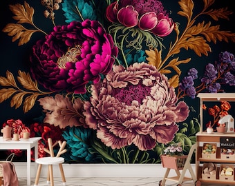 May include: A vibrant floral wall mural featuring large, stylized peonies in shades of magenta, burgundy, and mauve against a dark teal background. Gold and teal foliage accents the flowers. A small white table and chair are in the foreground.