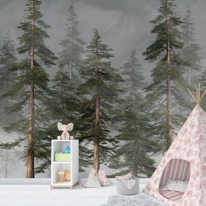 Nature Rainforest Wall Mural Easy Removable Wallpaper, Living Room Wallpaper Forest Landscape, Gray Colors Pine Trees Forest Wall Mural