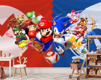 Mario vs Sonic Wallpaper, Kids Gaming Room Wallpaper Peel Stick