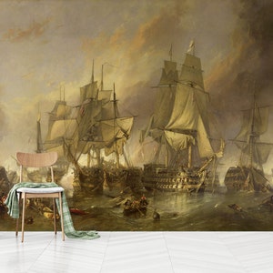 Battle of Trafalgar Mural: Vintage Ship Wallpaper, Peel and Stick
