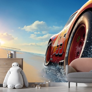 Lightning McQueen Wallpaper - Cars Mural - Removable Wallpaper - Peel and Stick - Nursery Wallpaper - Kids Room