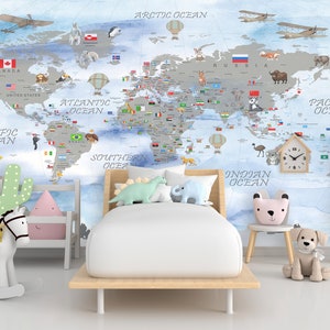 Carta da parati con mappa per bambini, staccabile e adesiva / Carta da parati con mappa del mondo per bambini / Carta da parati con mappa educativa
