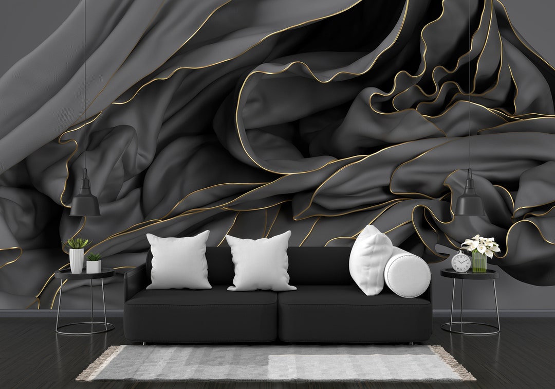 Floating Black Drape With Gold Wallpaper Nonwoven Back Vinil Peel and