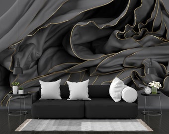 Floating Black Drape With Gold Wallpaper NonWoven back vinil - peel and stick