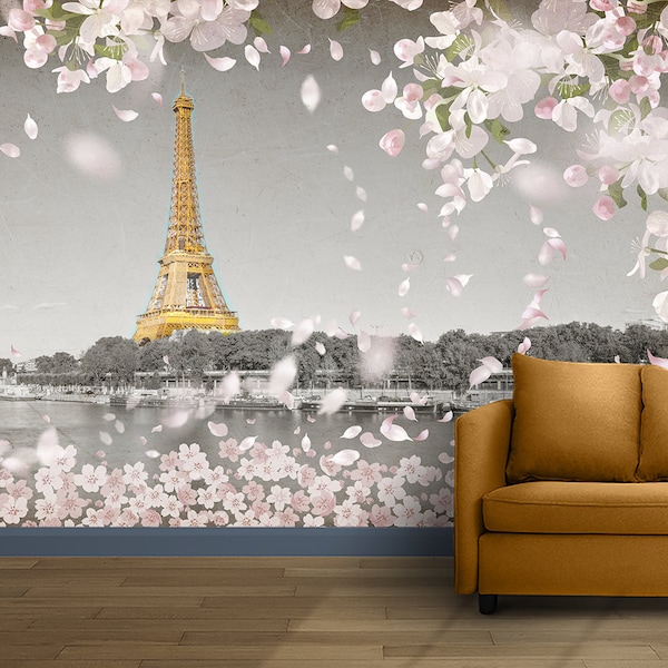 Eiffel Tower Floral Wallpaper, Easy Removable Romantic Paris View And Flowers Mural, Paris Wall Decor, Kids Wallpaper