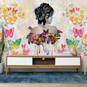 Butterfly Girl Graffiti Wall Mural: Removable Brick Pattern Wallpaper