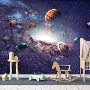 Space Galaxy Wallpaper, Planet Removable Wallpaper, Kids room Self Adhesive, Nursery Peel and Stick