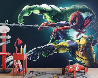 Mural de pared de Spiderman de dibujos animados, sala de juegos para niños, decoración infantil