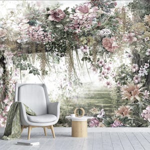 Watercolor Spring Flowers Nursery Wallpaper Wall Mural, Abstract Hanging Flowers Kids' Room Children's Room Wall Mural