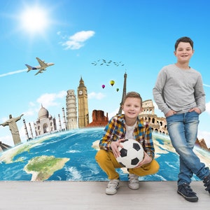 Travel world clouds plane concept Peel and Stick, Nonwoven Wallpaper
