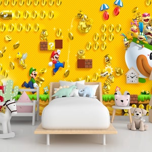 Super Mario Film Gold Wandbild Zimmer Tapete für Schlafzimmer Kinder Wand Schälen oder Einfügen / Vlies Tapete
