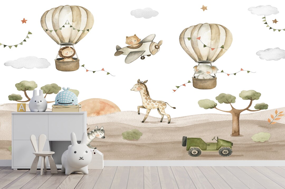 Hot Air Balloon Animal Wallpaper: Kids Nursery Removable Wall Decal - Etsy