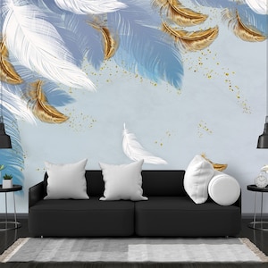 Tropical Leaves Wallpaper, Gold Detail Wallpaper, Leaf Wallpaper, Watercolor Soft Leaves Hanging From Above, Peel and Stick Wall Mural
