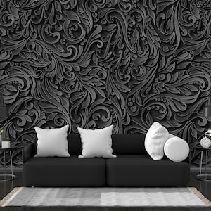 Carta da parati floreale nera 3D, motivo a vite, murale da parete staccabile e attaccabile, carta da parati autoadesiva di lusso rimovibile
