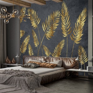 Tropical Gold Leaf Wallpaper, Peel and Stick Banana Leaves Wall Mural, 3D Big Leaves Nature Art Self Adhesive Wallpaper
