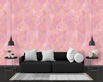 Acquerello marocchino con linea dorata sfondo rosa chiaro dorato staccare e attaccare / tessuto non tessuto