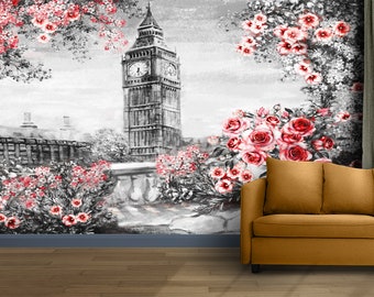 London Wallpaper, Watercolor Art Landcape Mural Decor for Home & Office Wall, Peel Stick and One Piece, View Wallpaper