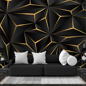 Décoration murale géométrique géométrique en cubes noirs, triangles or orange jaune