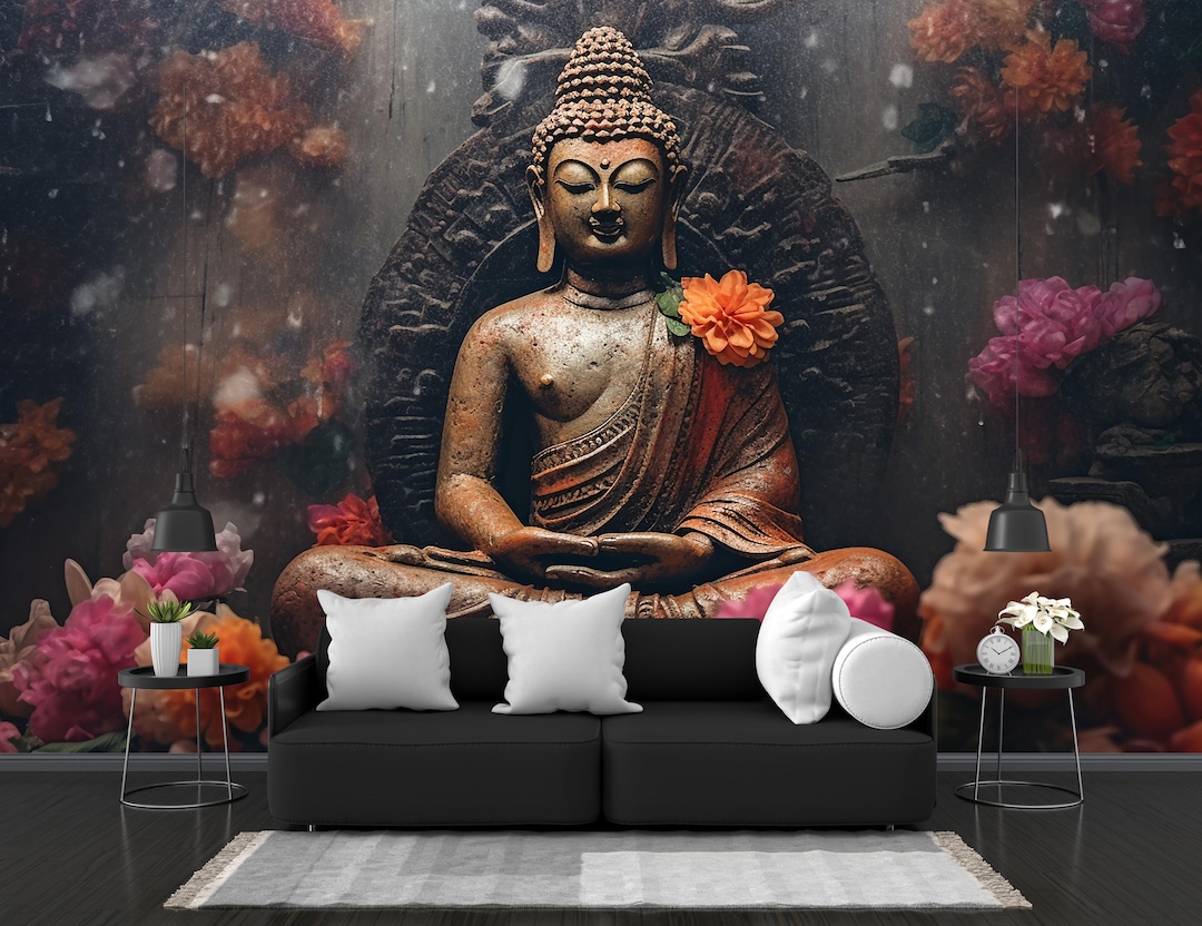Rustic Buddha Statue Wallpaper: Spiritual Zen Floral Wall Art - Etsy