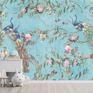 Vintage Tapete Blau mit Vegatation, Pfingstrosen, Schmetterlinge und Pfauen Wandbild | Schälen und aufkleben