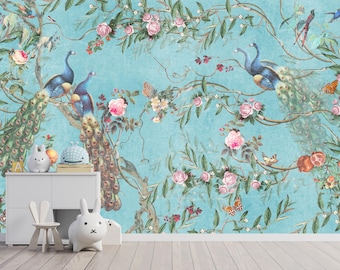 Vintage Blue Wallpaper With Vegetation, Peonies, Butterflies and Peacocks Wall Mural | Peel and Stick