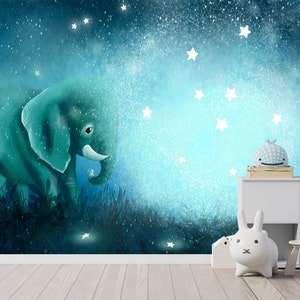 Carta da parati Little Elephant And Stars Peel and Stick, carta da parati a tema spaziale con stelle, carta da parati per bambini con stelle