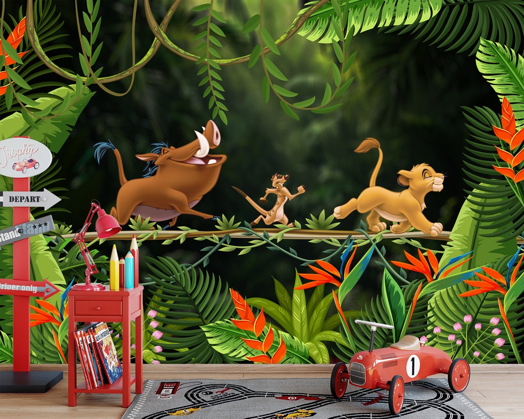Lion King Tropical Kids Room Wallpaper: Sweed Animal Mural - Etsy