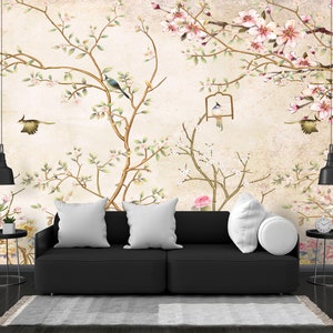 Pfau Chinoiserie Tapete: Vintage Blumen Wandbild, schälen und aufkleben
