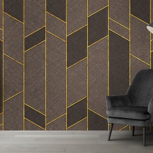 Golden Lines in Dark Background Geometric 3D Wallpaper Peel And Stick - Non Woven