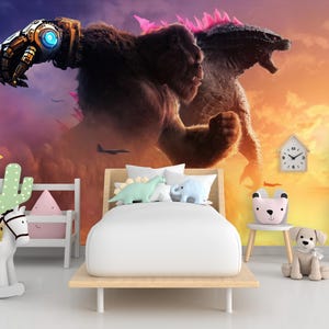 Godzilla und Kong Krieg Tapete zum Abziehen und Aufkleben, Godzilla und Kong Kinderzimmer Wandbild, selbstklebend, abziehen und aufkleben, Vlies