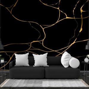 Kintsugi Black Marble Wallpaper: Peel and Stick, Non Woven