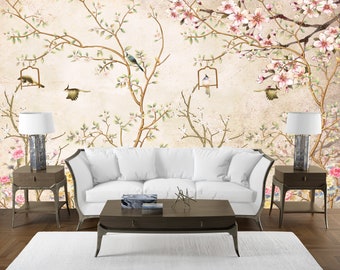 Beige Peacock Chinoiserie Wallpaper: Vintage Floral Wall Mural, Peel and Stick