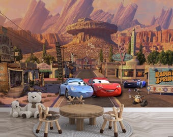 Mcqueen and Sally Carrera Landscape Kids Wallpaper Peel and Stick Nonwoven