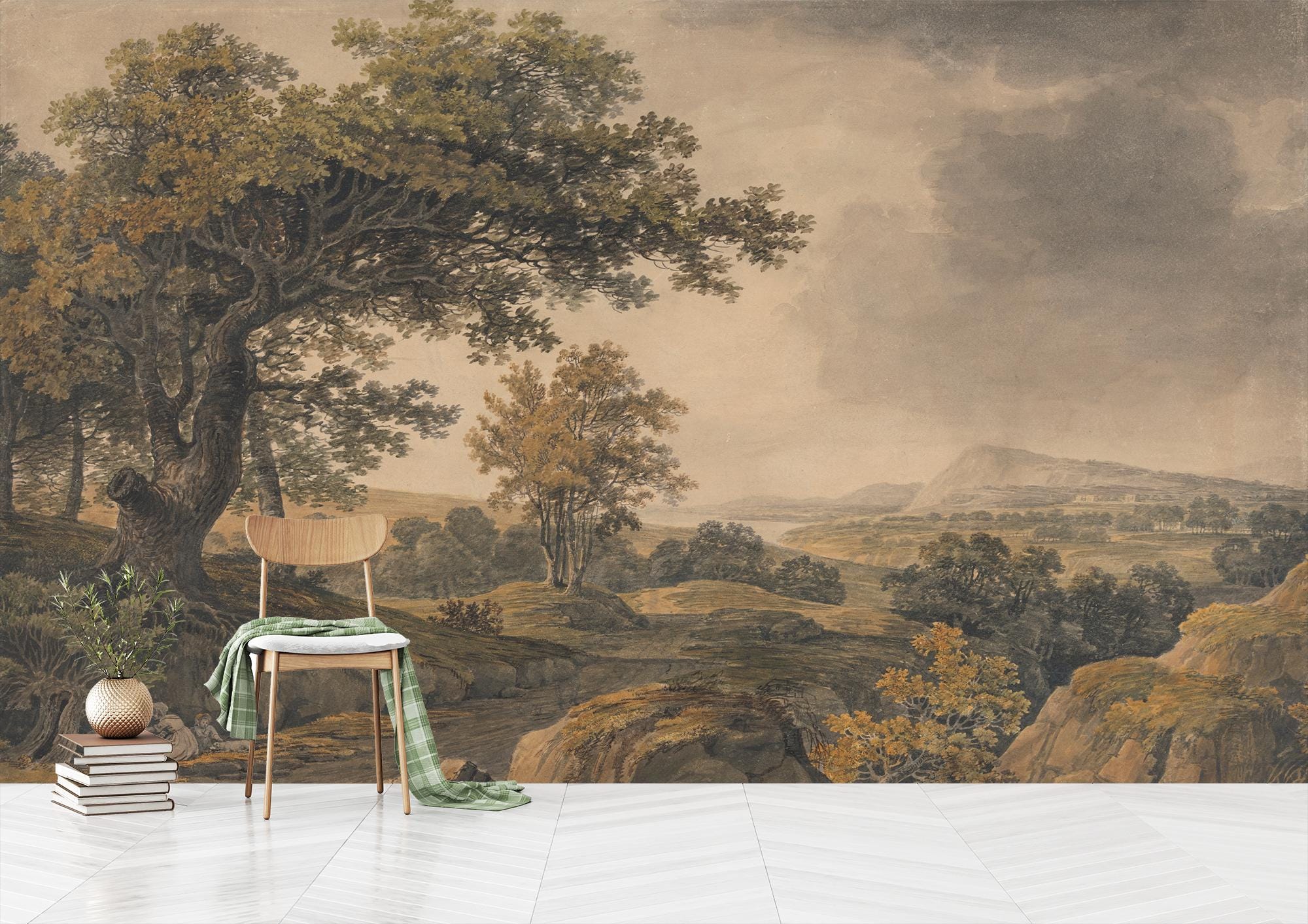 Watercolor Tree Landscape Wallpaper: Rural Peel and Stick Vinyl - Etsy