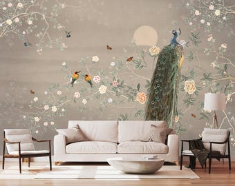 Vintage Beige Chinoiserie Blommig Tapet Körsbärsblom Beige Självhäftande